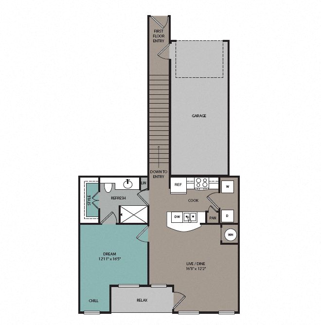 Floor plan for 1 bed, 1 bath, 874 sqft